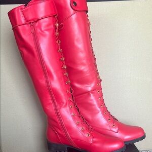 Knee High Red Lace-Up & Zipper Women's Boots